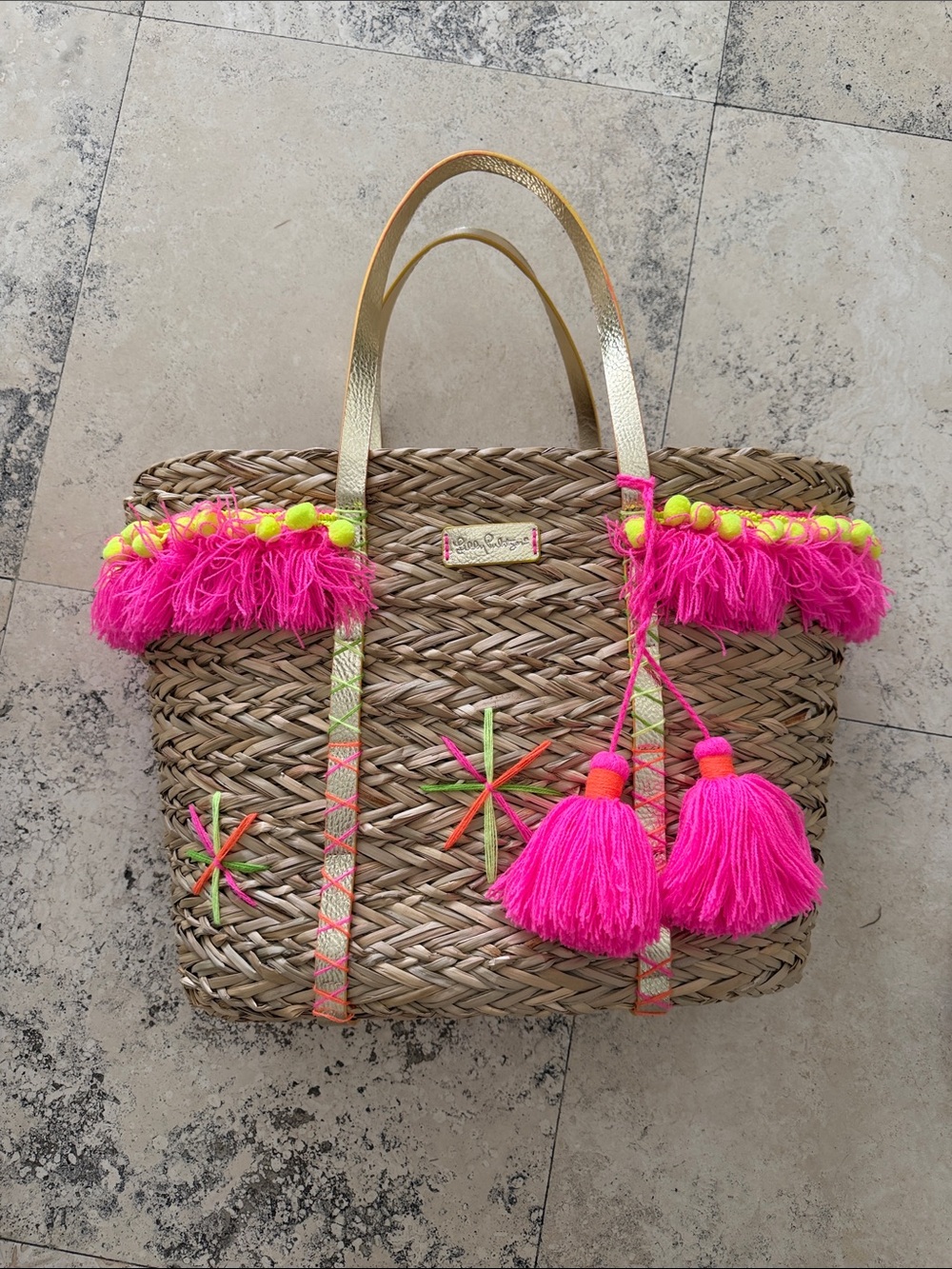 Lilly Pulitzer Straw Tote with Hot Pink Tassels